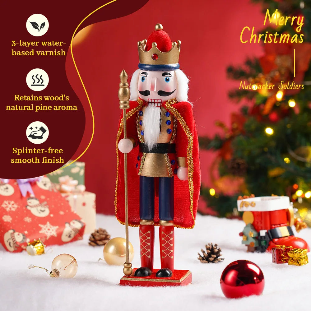 38CM King Nutcracker Soldier with Cloak Wooden Puppet Christmas Decor Holiday Gift Home Office Decoration Festive Statue