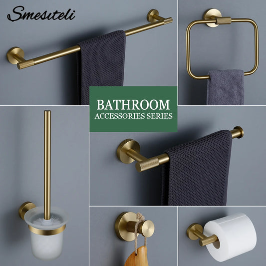Brushed Gold Bathroom Accessories Towel Bar Bath Robe Hook Brass Knurled Bathroom Hardware Set Shelf for Towels Paper Tissue Hol