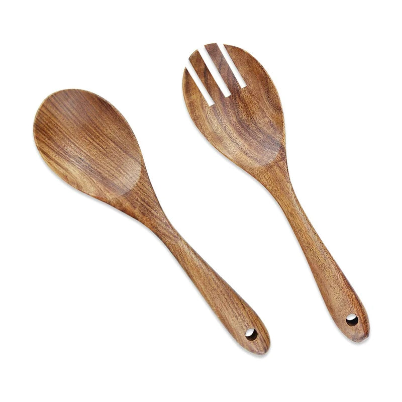 2Pcs Wooden Salad Servers Spoon Fork Set Salad Spoon and Fork Kit Long Handle Serving Salad Scoop Tableware Kitchen Utensil
