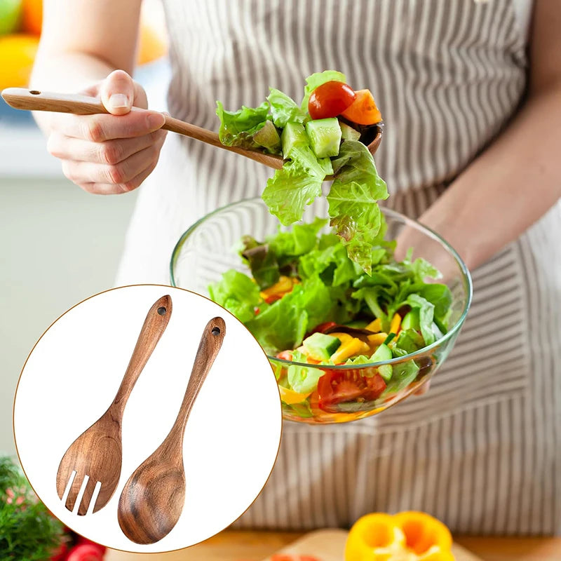 2Pcs Wooden Salad Servers Spoon Fork Set Salad Spoon and Fork Kit Long Handle Serving Salad Scoop Tableware Kitchen Utensil