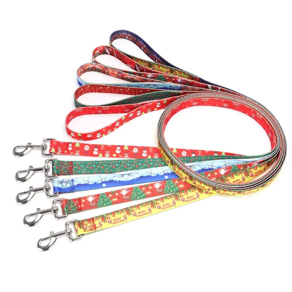 Amaz Hot Selling Christmas  Pulling Rope Set Christmas Dog Rope Printed Santa Claus Dog Collar Harness for a dog Spiked collar