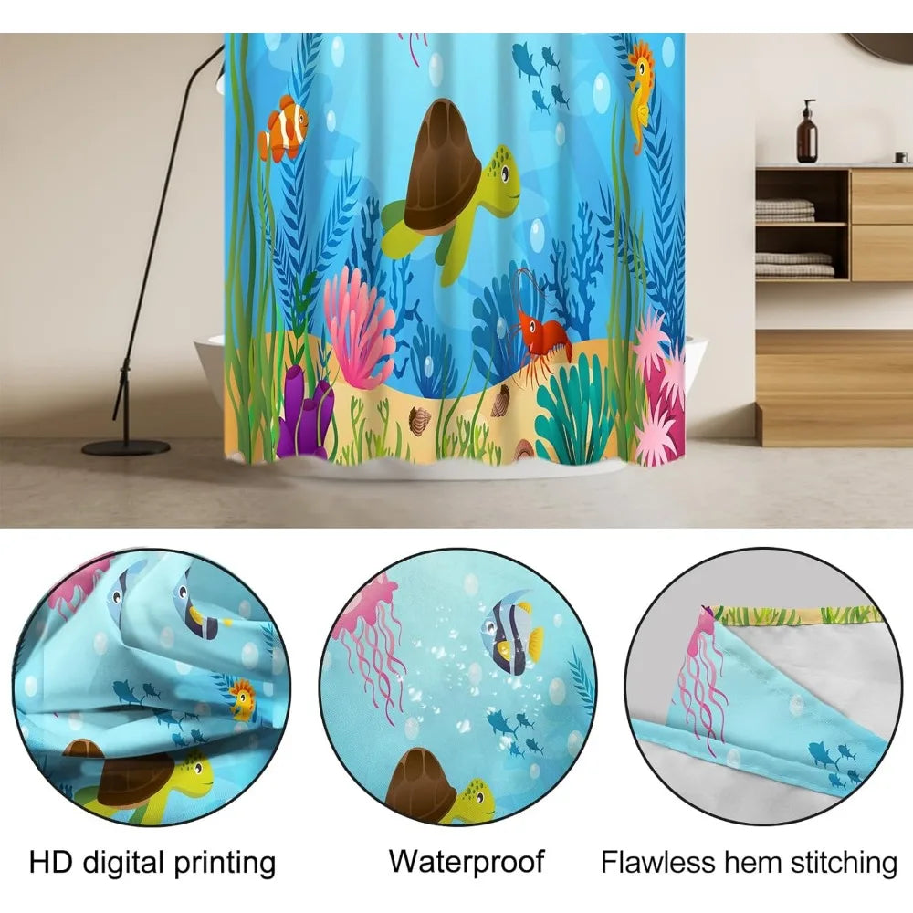 4 pcs kids bathroom shower curtain set, ocean sea turtle bathroom sets for kids bathroom decoration with shower curtain, non sl