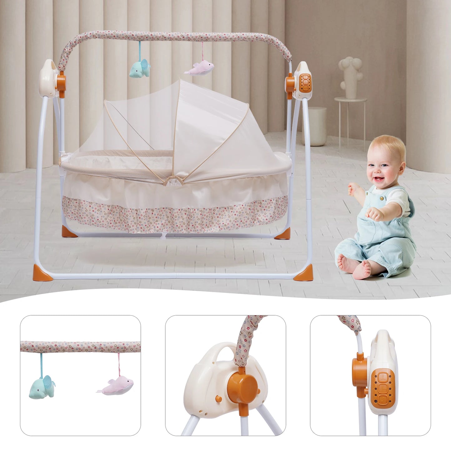 Baby Cradle Swing for Newborns Soothing Sleep Aid with Multiple Functions Remote Control Portable Indoor Outdoor Use Easy Fold