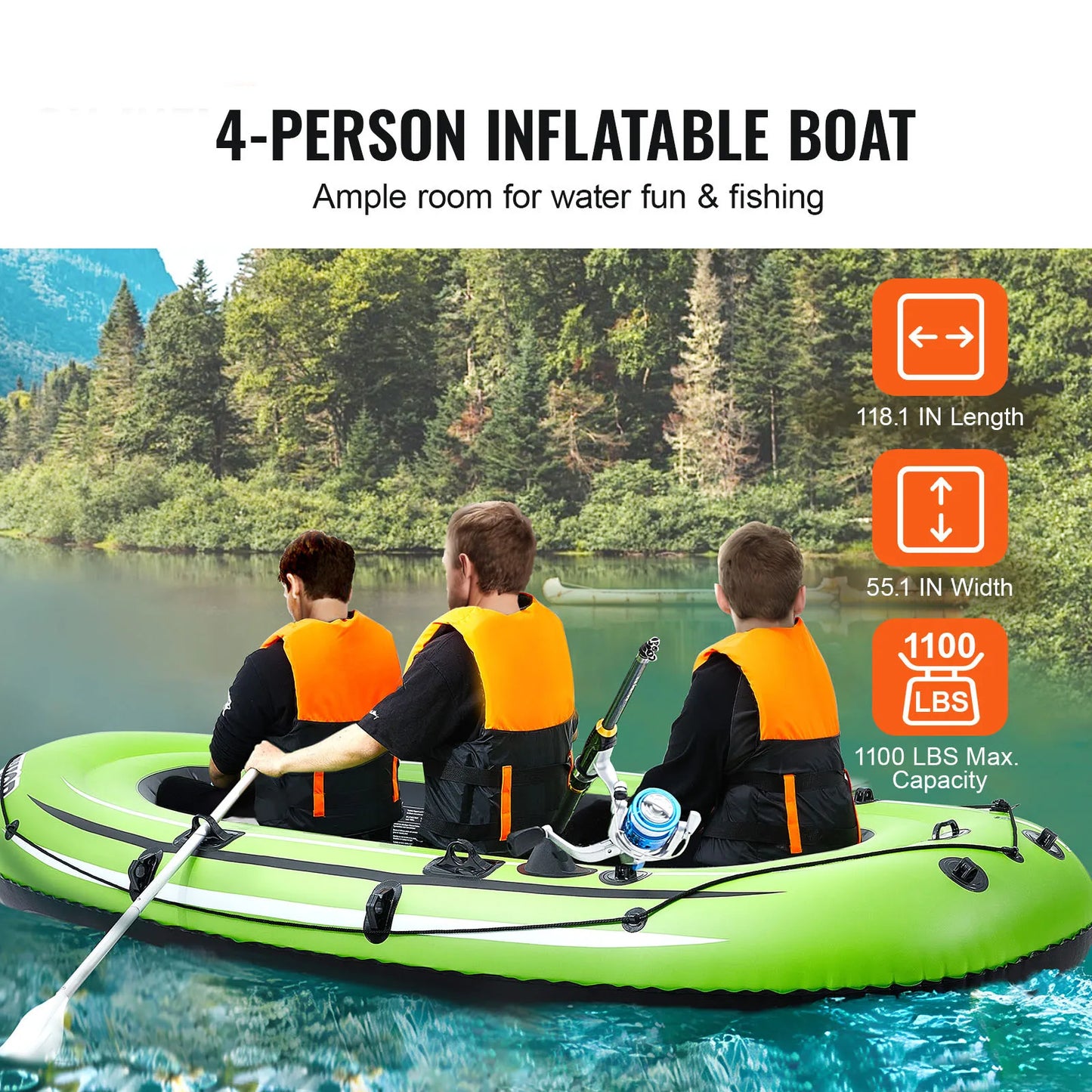 SucceBuy Inflatable Boat 4-Person Inflatable Fishing Boat Strong PVC Portable Boat Raft Kayak 45.6" Aluminum Oars Fit for Adults