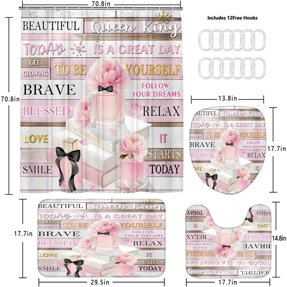 4pcs shower curtain set pink fashion floral bathroom decor inspirational quotes bathroom shower curtain with rugs and accessori