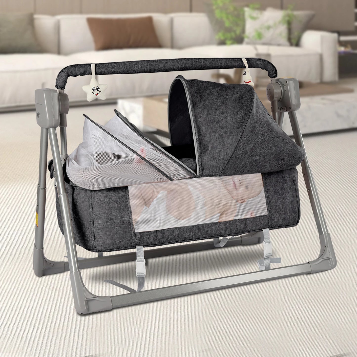 Baby Cradle Swing with Bluetooth Music 5 Speeds White Noise Foldable Bassinet for Newborns 0-36 Months US Plug