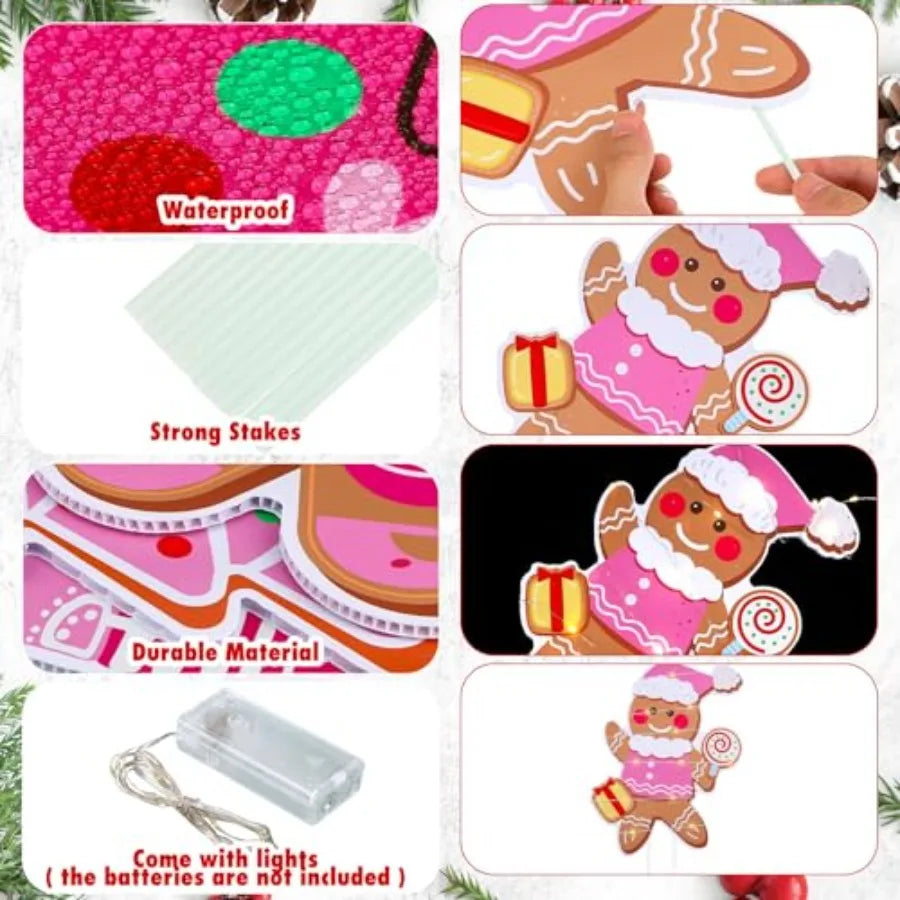 10 Pcs Pink Christmas Gingerbread Man Yard Signs with Stakes Light Up Outdoor Holiday Decorations for Lawn Garden Pathway House