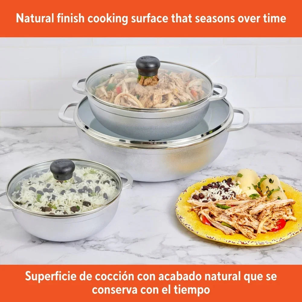 3pc Cast Aluminum Caldero Set with Glass Lid 1.5 2.5 5.2qt Oven Safe Cooking Essential Rice Soups Stews and Sauces