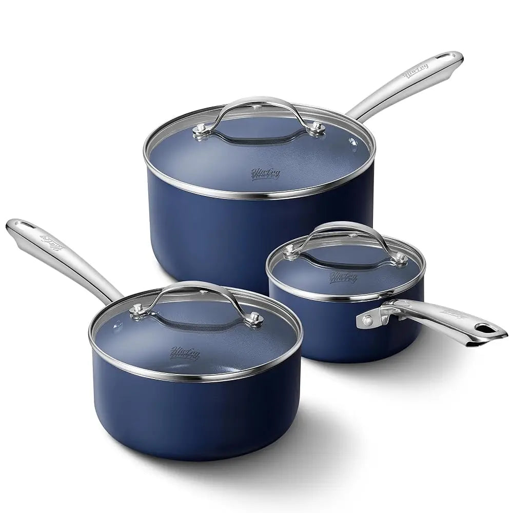 HLAFRG 1+2+3QT Nonstick Saucepan Set with Lids, Small Pot Set, Ceramic Coating, Easy to Clean, Stainless Steel Handle, Blue