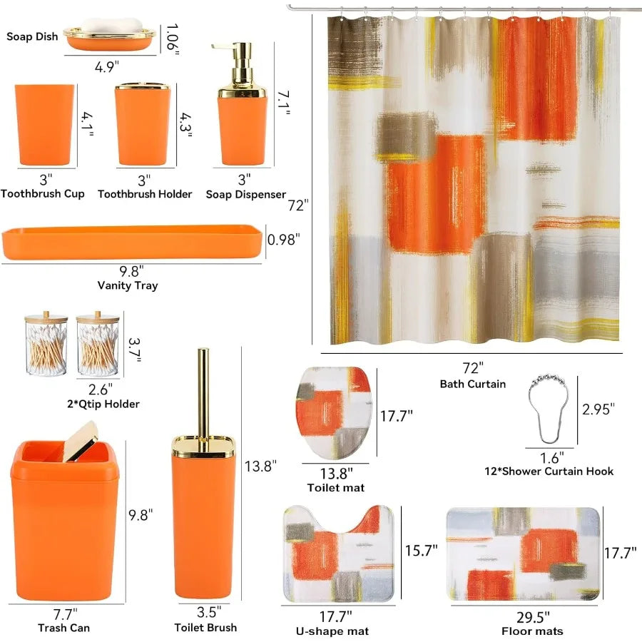 Orange Bathroom Set for Modern Home Decor: Complete Bathroom Accessories with Shower Curtain NonSlip Rug Trash Can Soap Dispens
