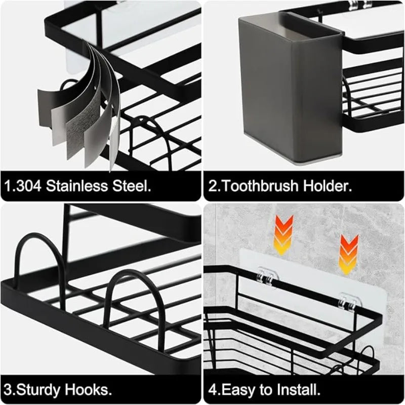 QYQRQF Adhesive Corner Shower Caddy No Drilling Stainless Steel Storage Rack with Hooks for Bathroom Rustproof Space Saving