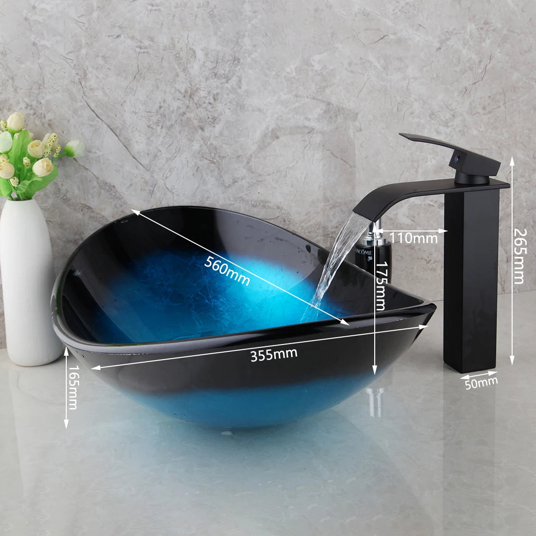 KEMAIDI Bathroom Vessel Sink Tempered Glass Basin Sink Faucet Combo Blue Countertop Basin Sinks Washbasin for Bathroom Hotel