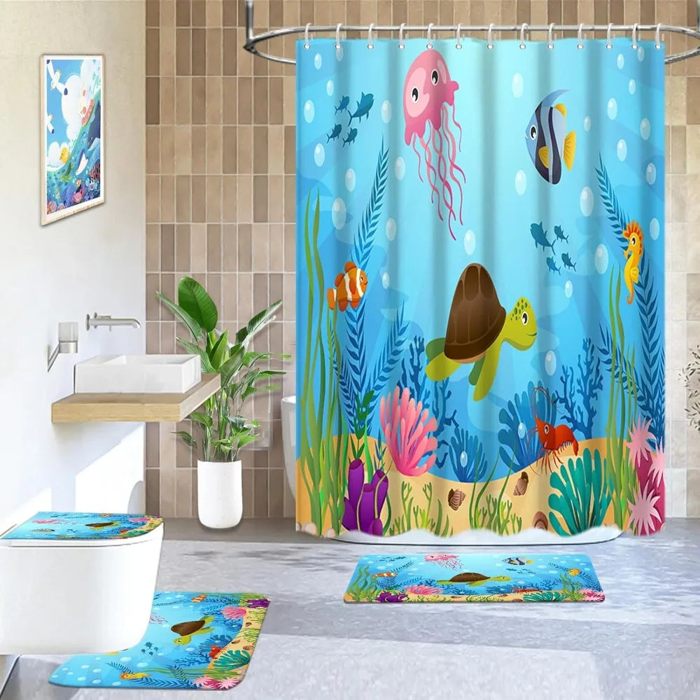 4 pcs kids bathroom shower curtain set, ocean sea turtle bathroom sets for kids bathroom decoration with shower curtain, non sl
