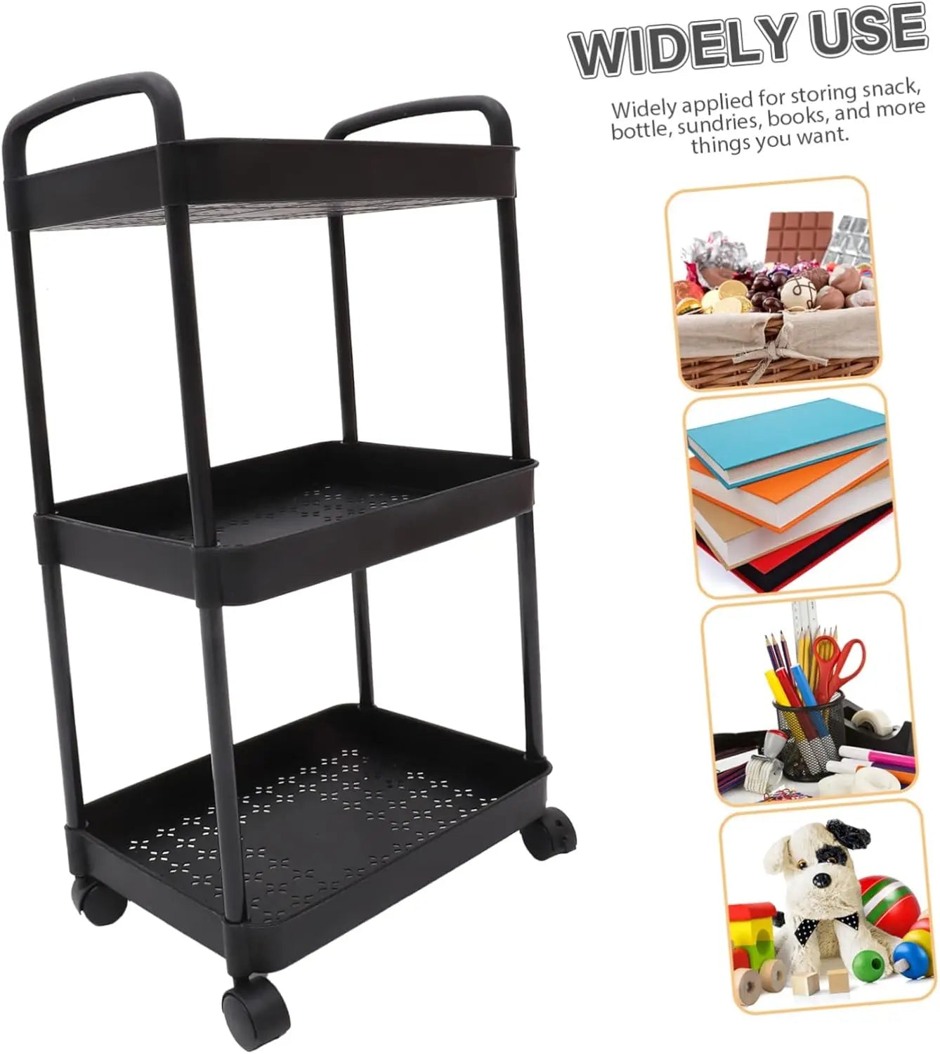 3 Tier Rolling Cart with Wheels and Handle,Rolling Storage Cart for Office, Living Room, Laundry Room,Kitchen,Bathroom,Black