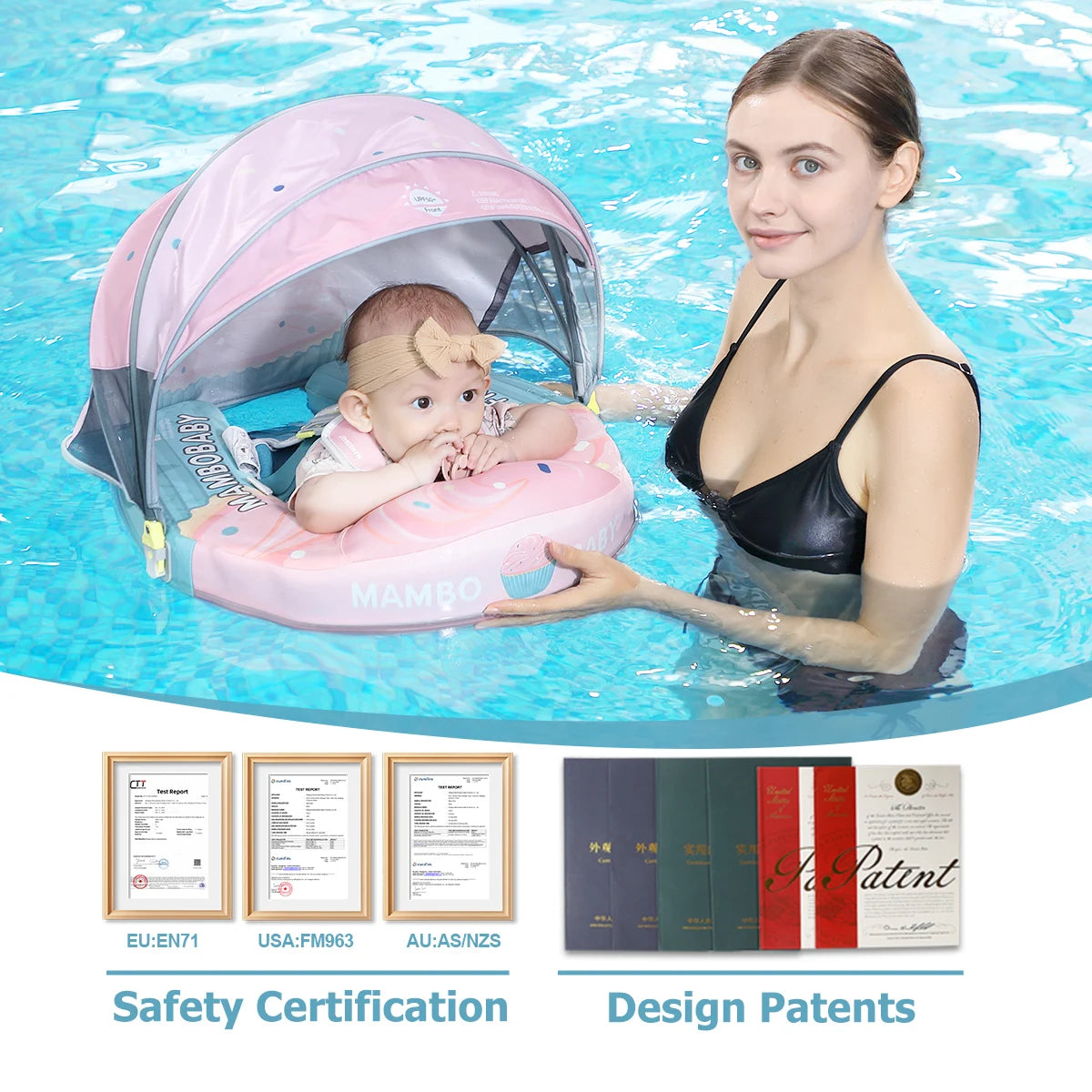 Mambobaby Float No-Slip Safe Harness ST-Cup Cake B503-150-W-Z  Safe Core No Inflation No Leaks Baby Swim Ring Toddler Pool Float
