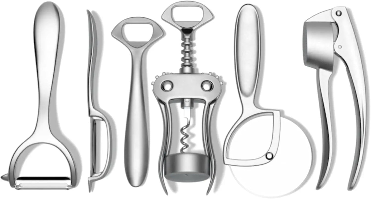 6-Piece Kitchen Tool Set: Y-Peeler, Peeler, Bottle Opener, Wine Opener, Pizza Cutter, Garlic Press – Plastic-Free, Dishwasher Sa