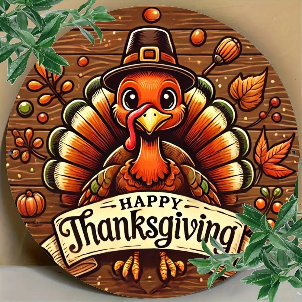 Home/Cafe/Bar Thanksgiving Wall Decor – 1pc Aluminum Alloy Art with Whimsical Turkey, Autumn Leaves & Pumpkins