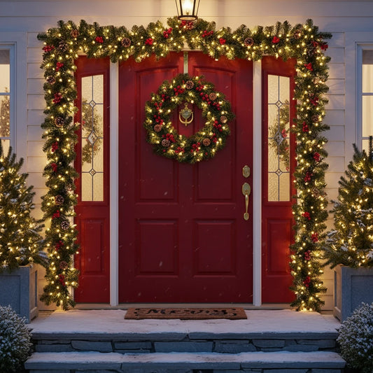 Christmas Rattan Garland Wreath, Artificial LED Decoration with Pinecones Red Berries for Xmas Tree Banner, New Year Home Decor