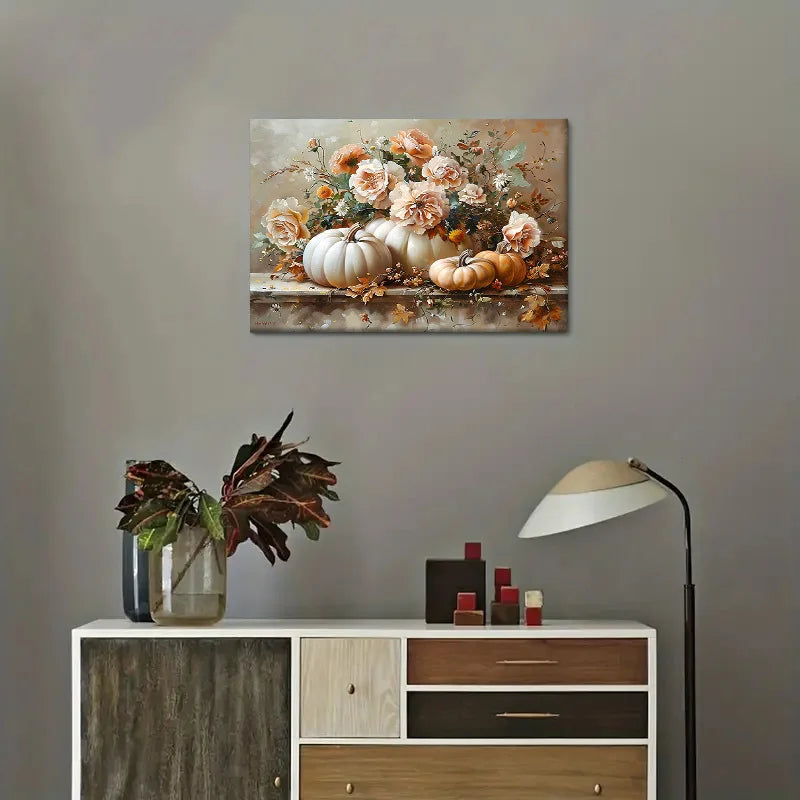 1Pc Flower & Pumpkin Canvas Art | Canvas Wrapping Frame | Halloween & Thanksgiving Decor | Home/Wall Art for Living Room Parties