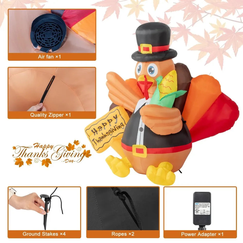 Thanksgiving Turkey 5 FT Inflatable Decorations with 7 LED Lights for Outdoor