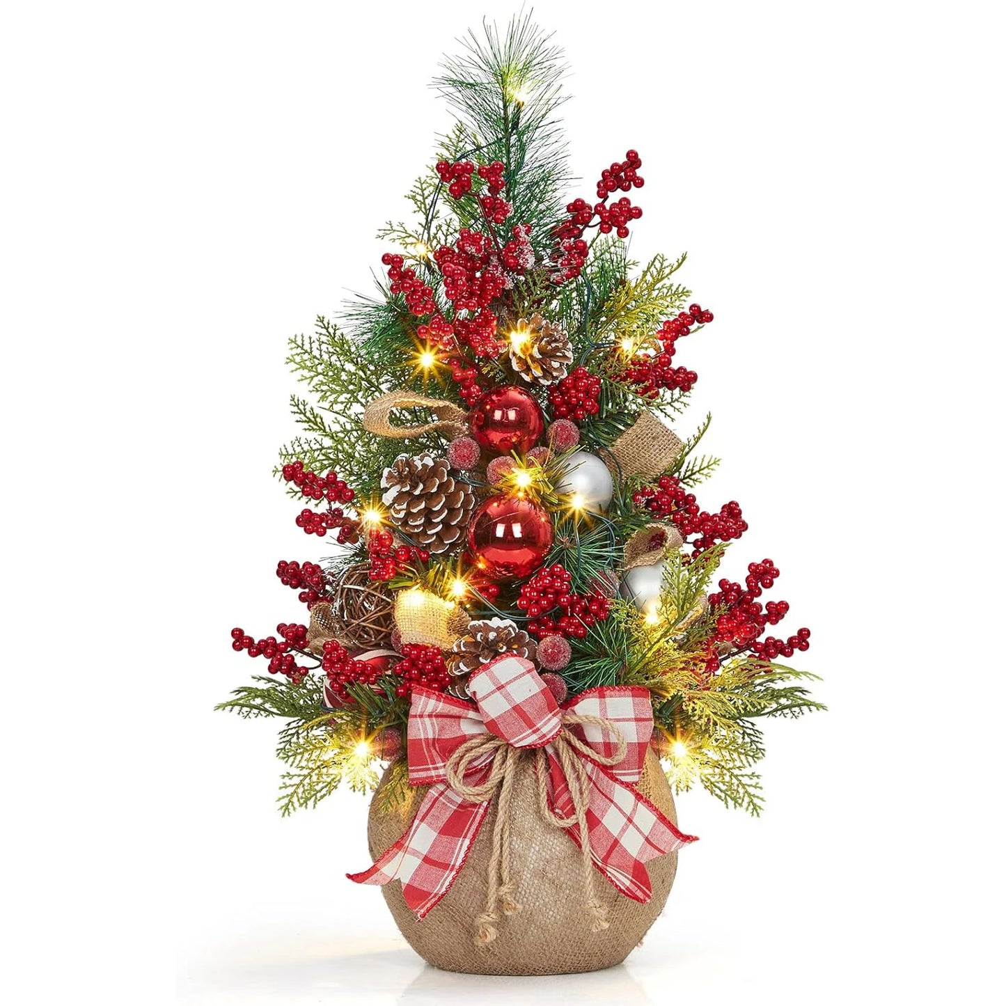 24 Inch Mini Christmas Tree with Lights Pre-Lit Artificial Table Tree with Bow & Balls Red Berries Pine Cones DIY Home Decor