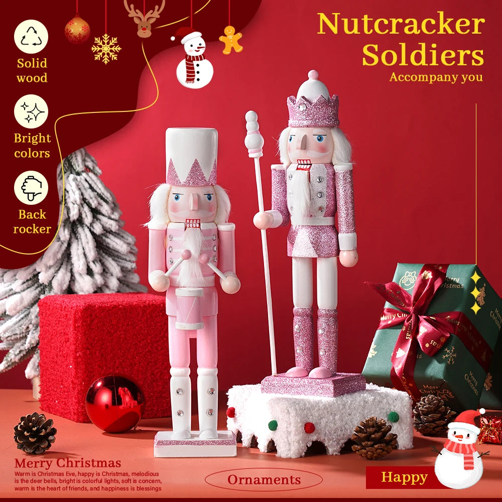 30CM Pink Glitter Nutcracker Soldier Wooden Puppet Handmade Christmas Decor Home Office Ornament Holiday Gift Stocking Stuffer