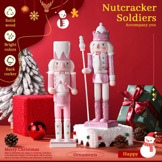 30CM Pink Glitter Nutcracker Soldier Wooden Puppet Handmade Christmas Decor Home Office Ornament Holiday Gift Stocking Stuffer