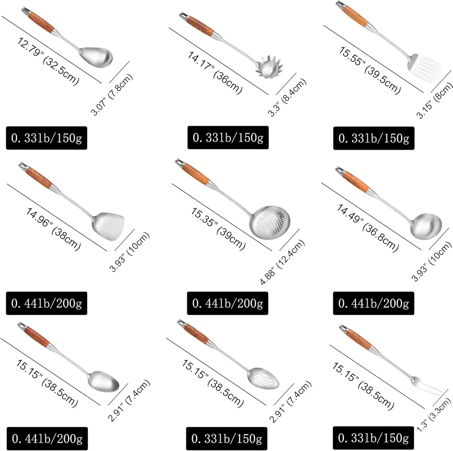 304 Stainless Steel Kitchen Utensils Set with Wooden Handle for Cooking 9 PCS with Solid Spoon, Slotted Spoon, Fork, Spatula