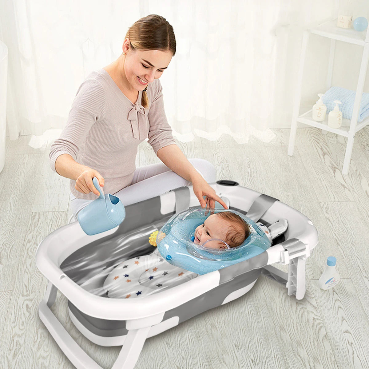 Baby BathTub with Bath Cushion, Portable and foldable, real-time temperature sensor, with a drainage hole