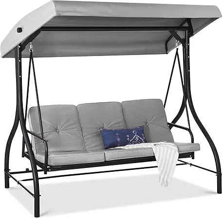 3-Seat Outdoor Large Converting Canopy Swing Glider, Patio Hammock Lounge Chair for Porch, Backyard w/Flatbed, Adjustable Shade
