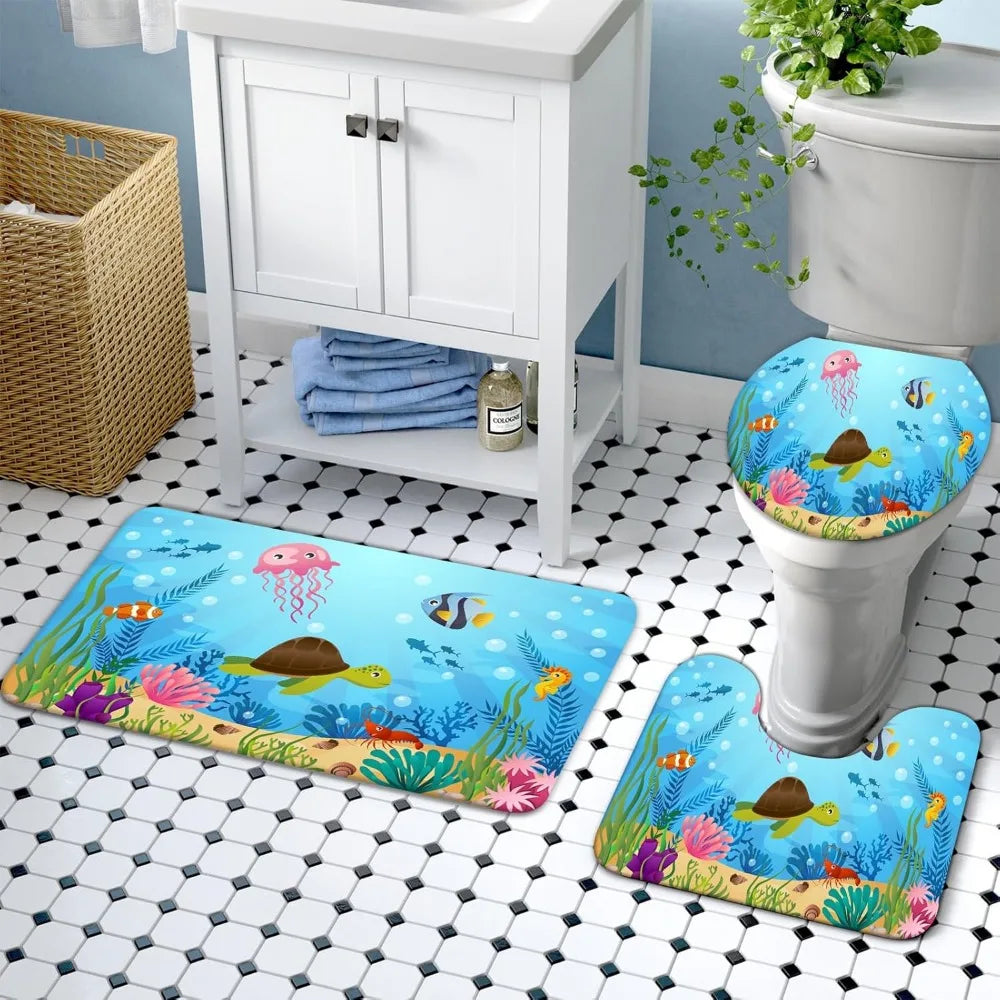 4 pcs kids bathroom shower curtain set, ocean sea turtle bathroom sets for kids bathroom decoration with shower curtain, non sl