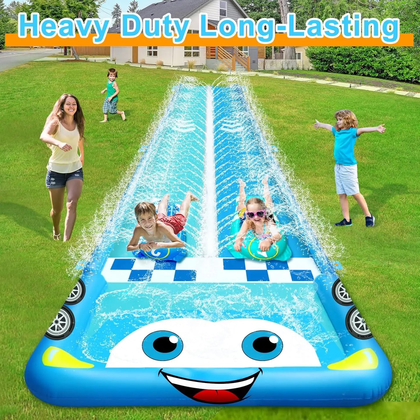 33.3FT Extra Long Water Slide for Kids, Race Car Double Lane Lawn Water Slip Splash and Slides with 2 Bodyboards, Safety Fence,