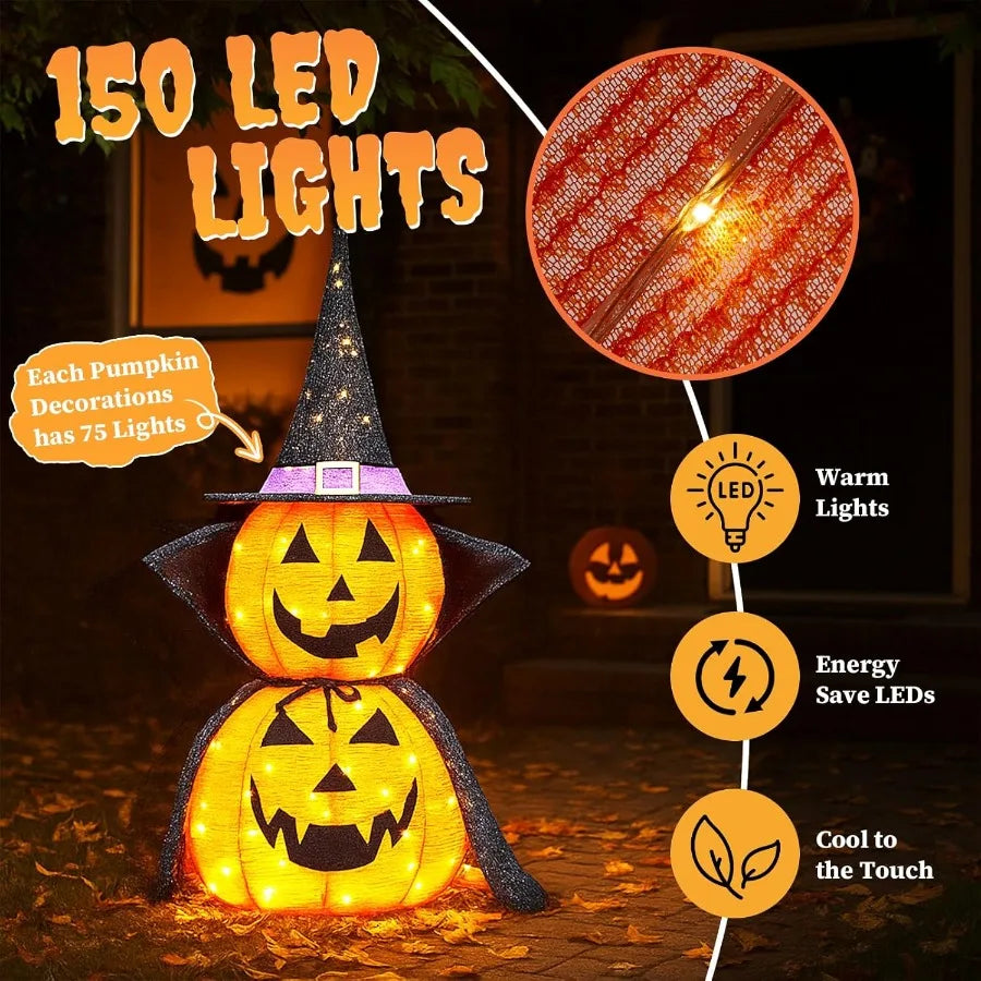 2PC Halloween Collapsible Pumpkin Decoration with 150 LED PopUp Pumpkin Lamp and Star Cap 3FT Plugin Halloween Lantern Featurin
