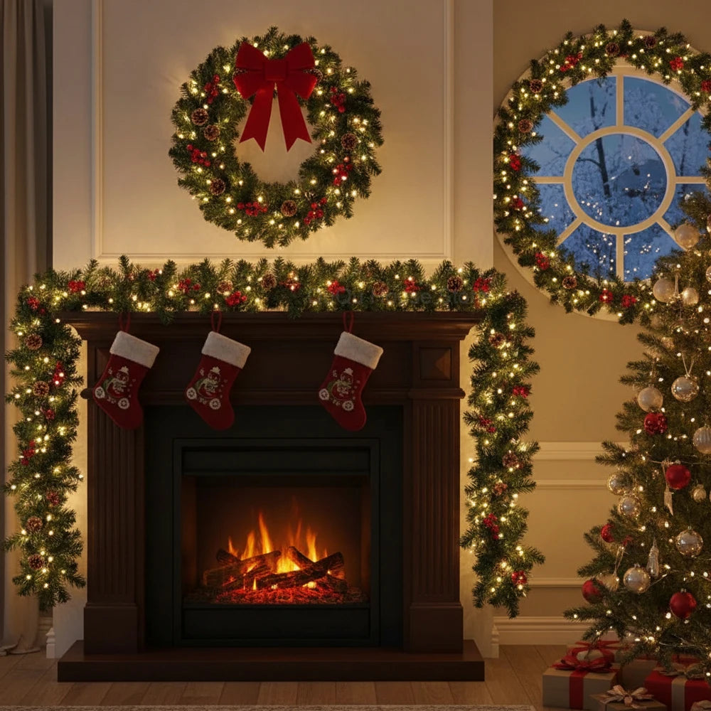 Christmas Rattan Garland Wreath, Artificial LED Decoration with Pinecones Red Berries for Xmas Tree Banner, New Year Home Decor