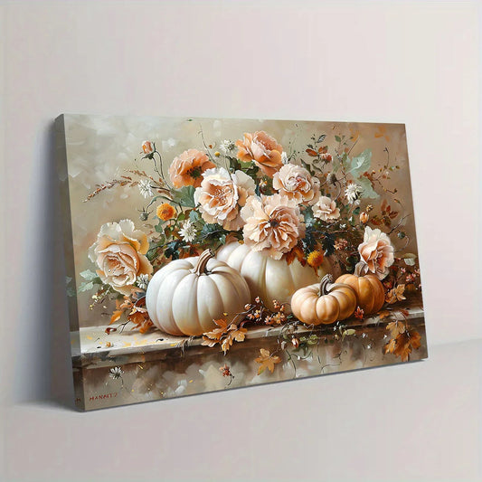 1Pc Flower & Pumpkin Canvas Art | Canvas Wrapping Frame | Halloween & Thanksgiving Decor | Home/Wall Art for Living Room Parties
