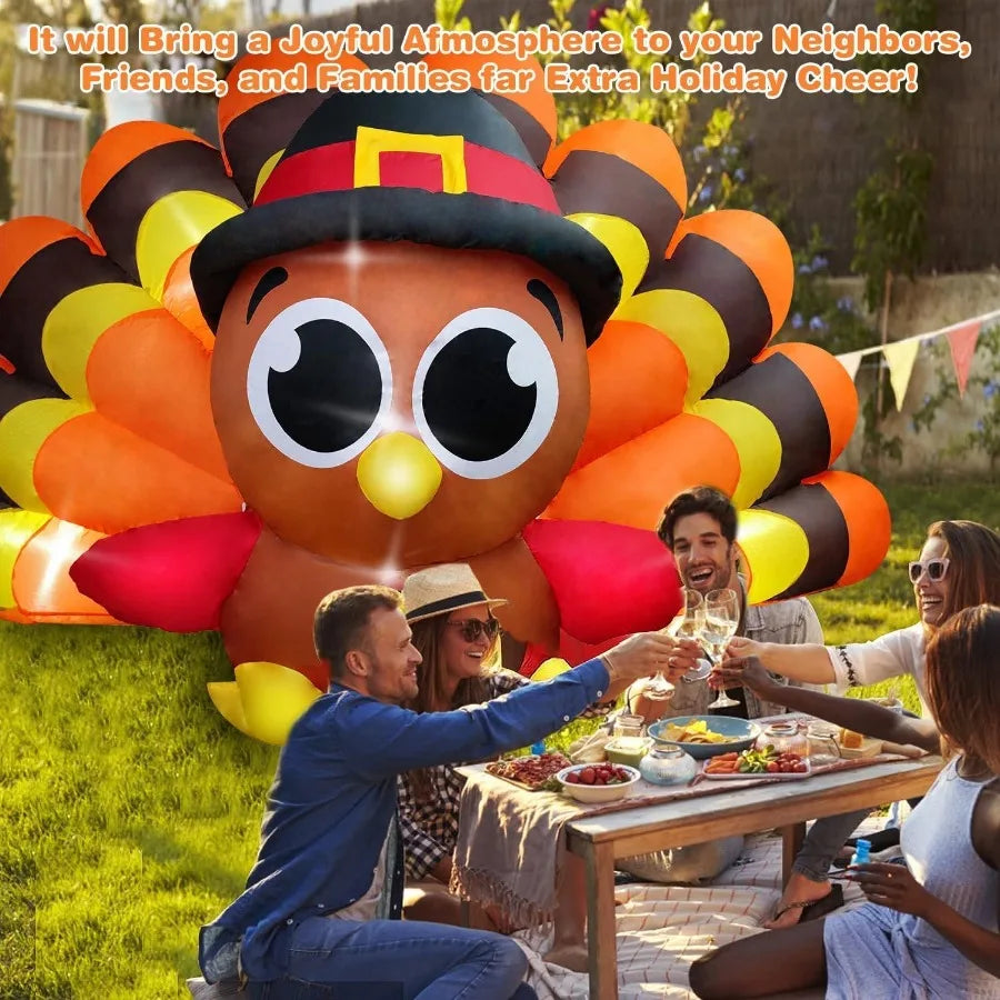 8FT Fall Inflatable Turkey with Builtin LED Lights and Big Tail for Outdoor Lawn Yard Decoration Perfect Thanksgiving Outdoor I