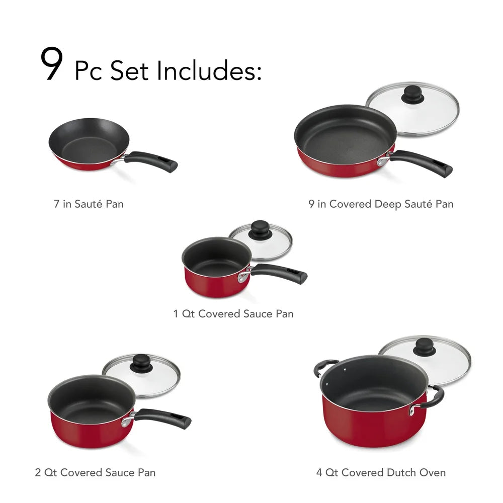 9 Piece Nonstick Cookware Set with Tempered Glass Lids Easy Clean Aluminum Stackable Design Everyday Cooking