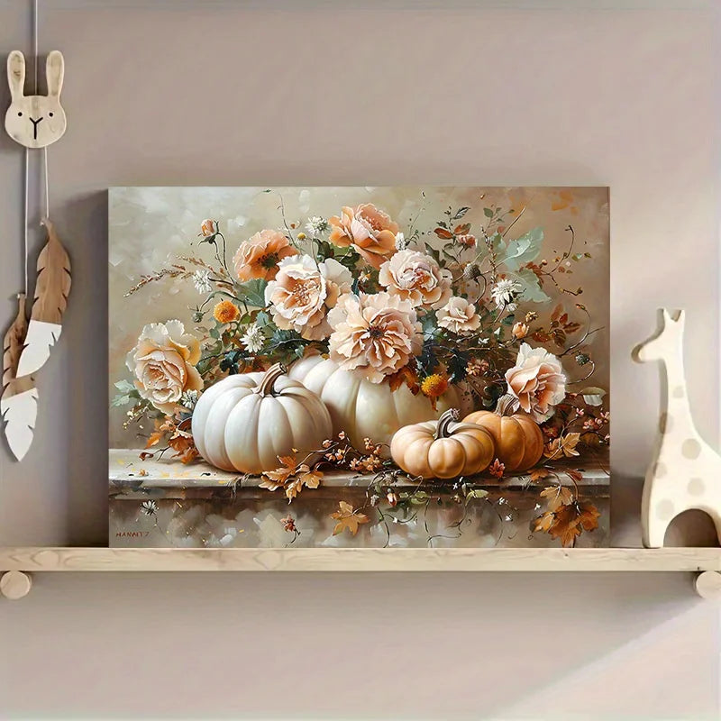 1Pc Flower & Pumpkin Canvas Art | Canvas Wrapping Frame | Halloween & Thanksgiving Decor | Home/Wall Art for Living Room Parties