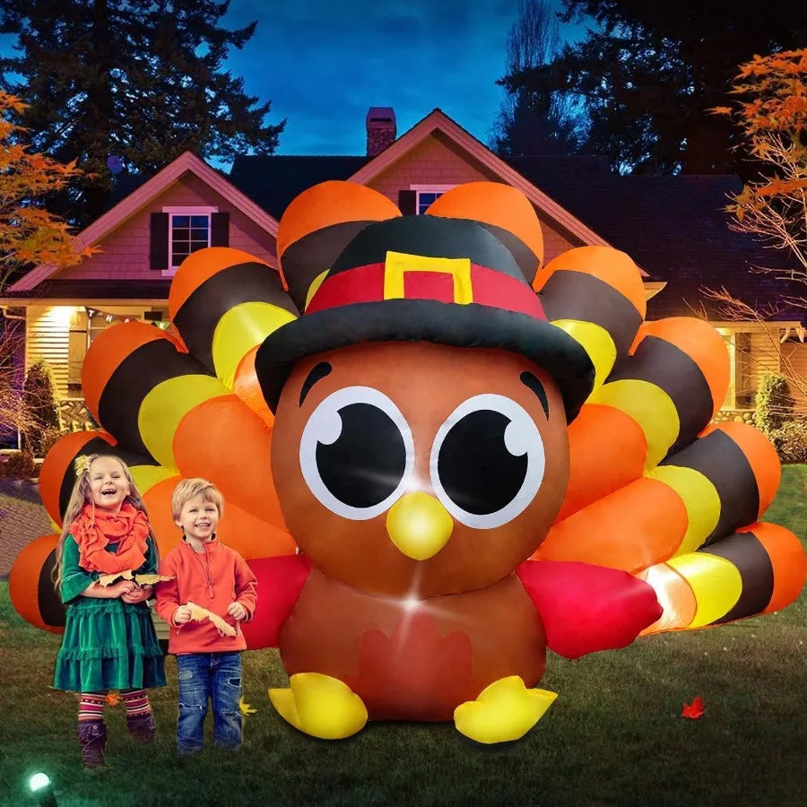 8FT Fall Inflatable Turkey with Builtin LED Lights and Big Tail for Outdoor Lawn Yard Decoration Perfect Thanksgiving Outdoor I