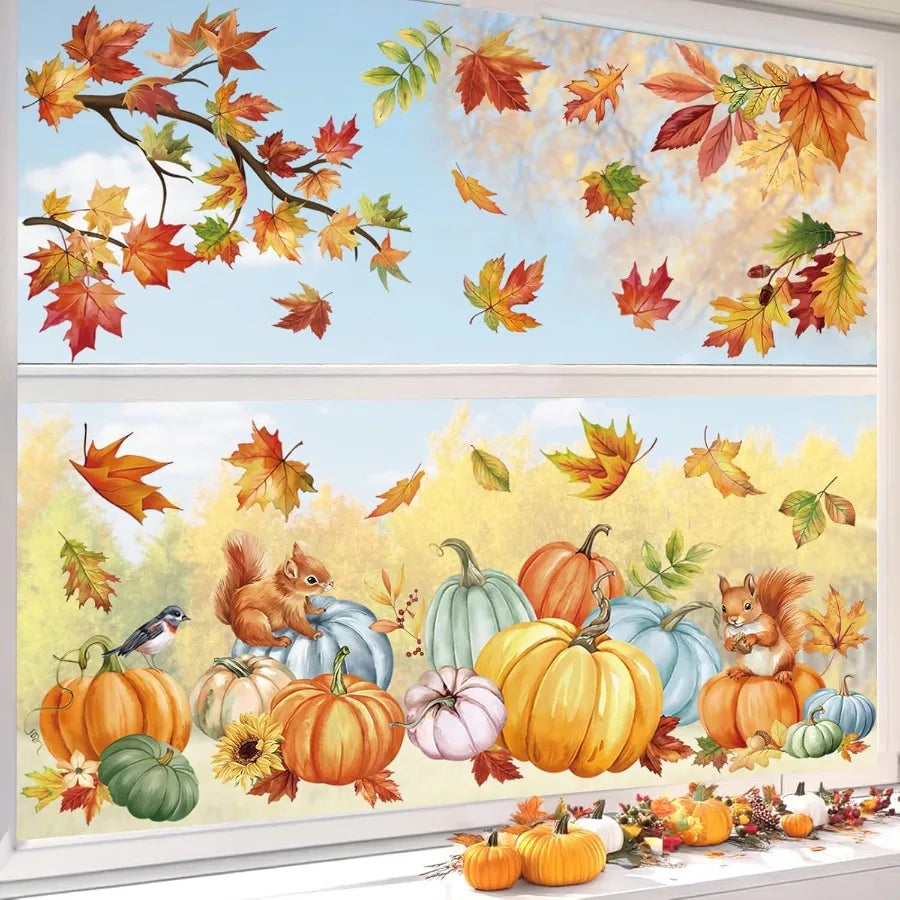 Fall Pumpkin Leaves Window Clings Thanksgiving Autumn Harvest Maple Leaves Glass Sticker Decal Anti Collision DoubleSide Static