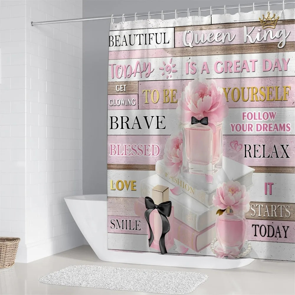 4pcs shower curtain set pink fashion floral bathroom decor inspirational quotes bathroom shower curtain with rugs and accessori