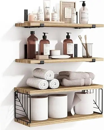 fixwal 3+1 tier bathroom floating shelves over toilet, 15.8in farmhouse rustic wood shelves, wall decor for bathroom, living roo