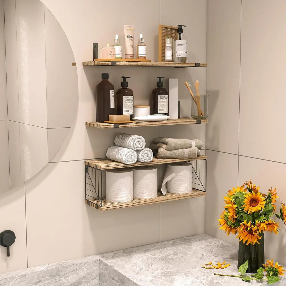 fixwal 3+1 tier bathroom floating shelves over toilet, 15.8in farmhouse rustic wood shelves, wall decor for bathroom, living roo