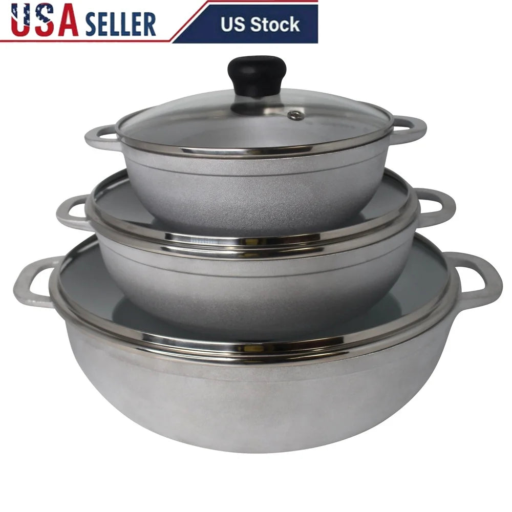 3pc Cast Aluminum Caldero Set with Glass Lid 1.5 2.5 5.2qt Oven Safe Cooking Essential Rice Soups Stews and Sauces