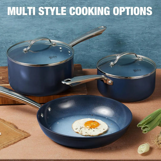 HLAFRG 1+2+3QT Nonstick Saucepan Set with Lids, Small Pot Set, Ceramic Coating, Easy to Clean, Stainless Steel Handle, Blue