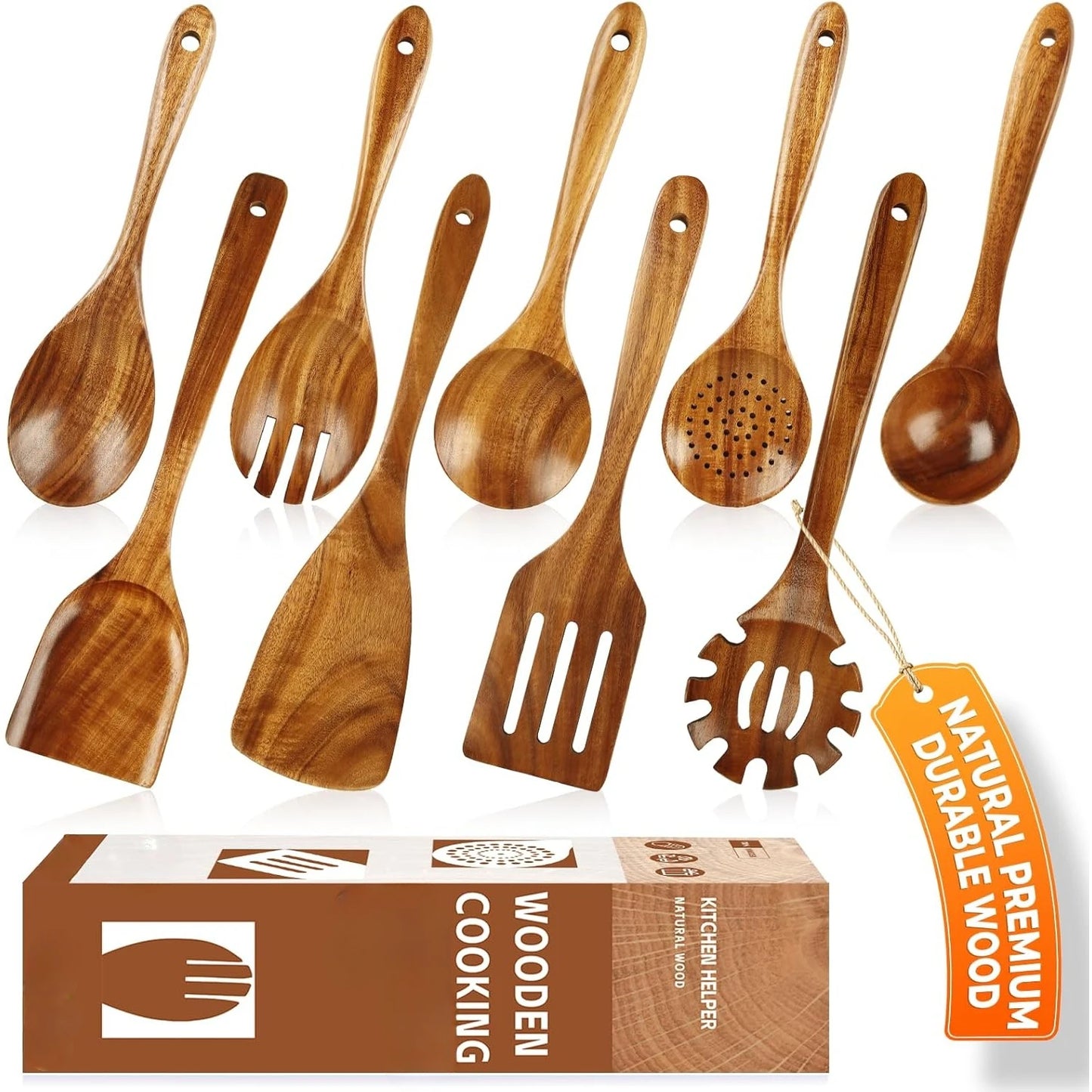 Wooden Kitchen Utensils Set, Smooth Finished Wooden Spoons for Cooking, Natural Teak Cooking Utensils Set for Nonstick Pans