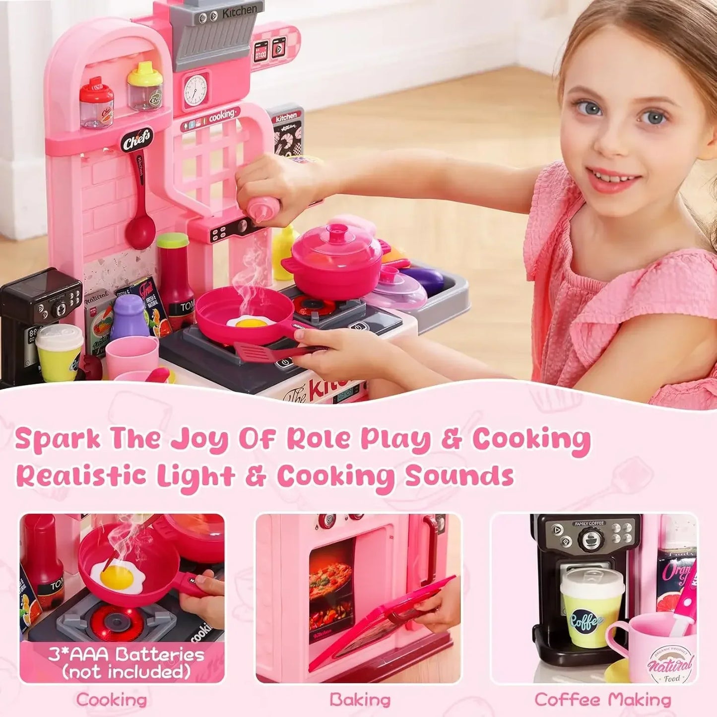 Kids Kitchen Playset ，Kitchen Set for Toddlers 1-3 3-5, Cooking Stove, Play Sink and Kitchen Accessories, Toy Kitchen (Pink)