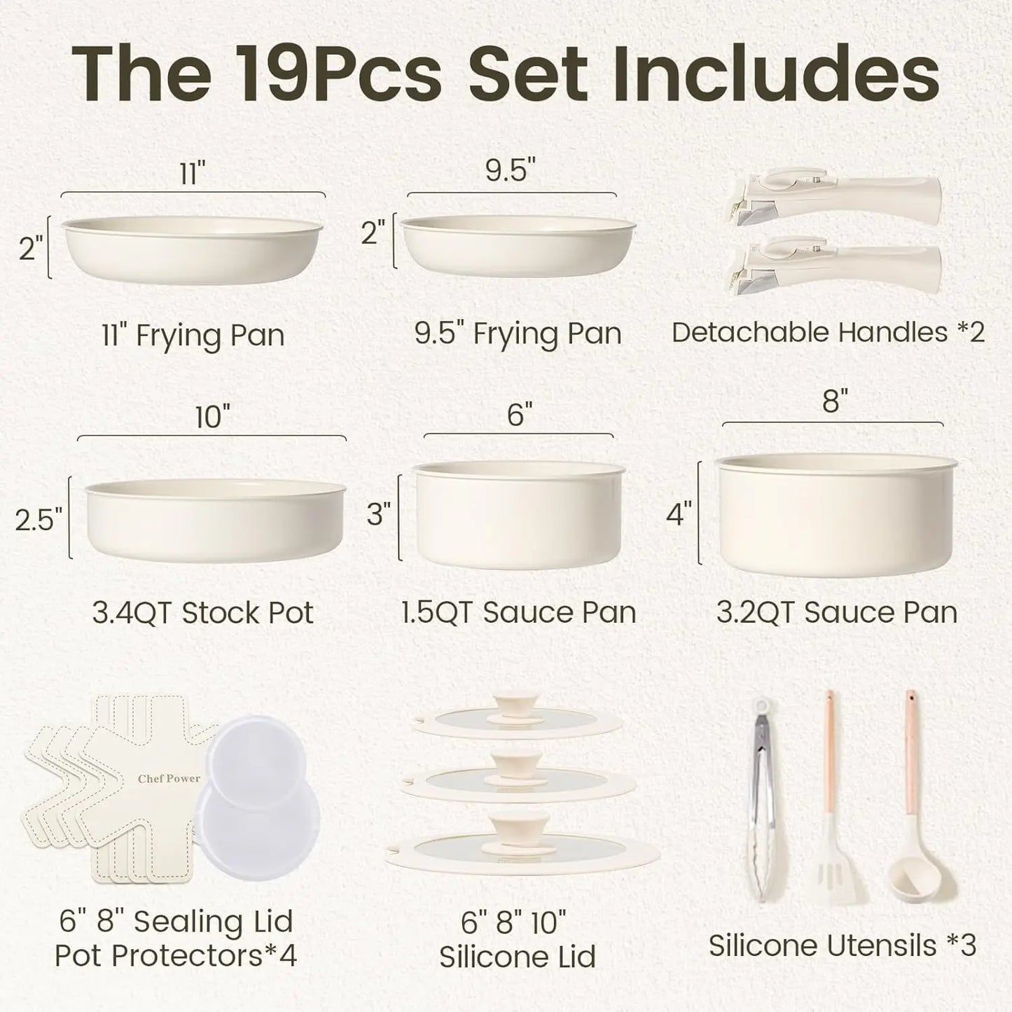 19-Piece Ceramic Nonstick Cookware Set with Detachable Induction-Safe Handles Dishwasher and Oven Safe Kitchen Appliances