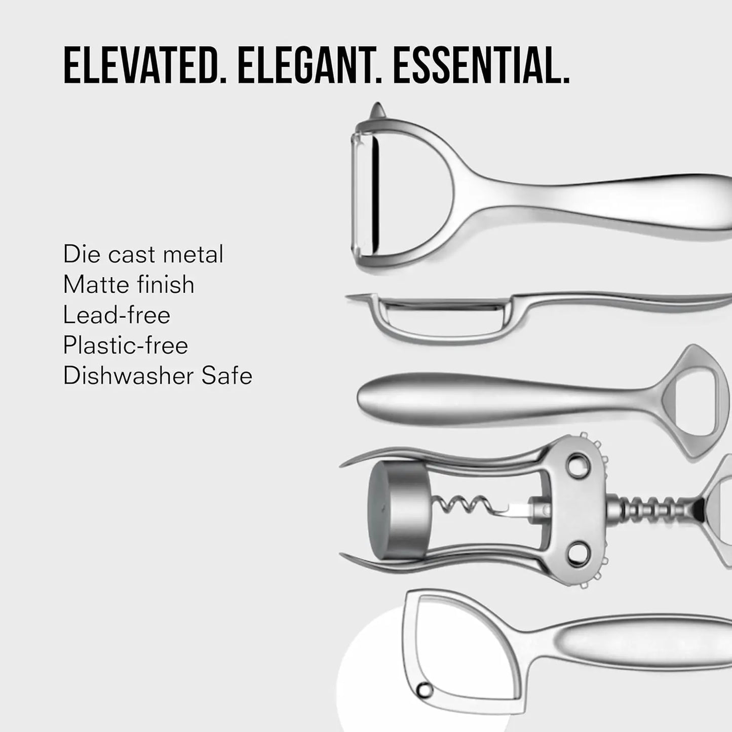 6-Piece Kitchen Tool Set: Y-Peeler, Peeler, Bottle Opener, Wine Opener, Pizza Cutter, Garlic Press – Plastic-Free, Dishwasher Sa