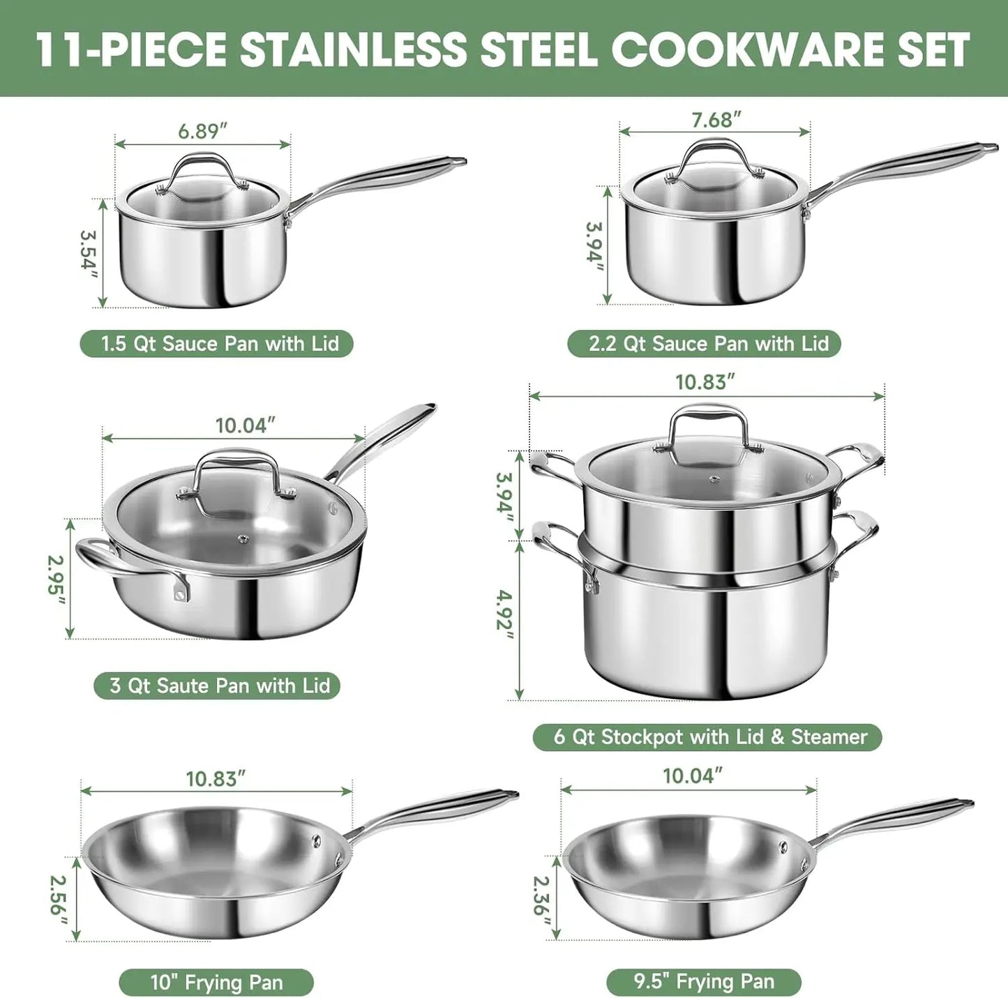3 Ply Stainless Steel 11-Piece Cookware Set with Lids, Pots and Pans Kitchen Set, Non-Toxic, Induction, Oven, Dishwasher Safe, P